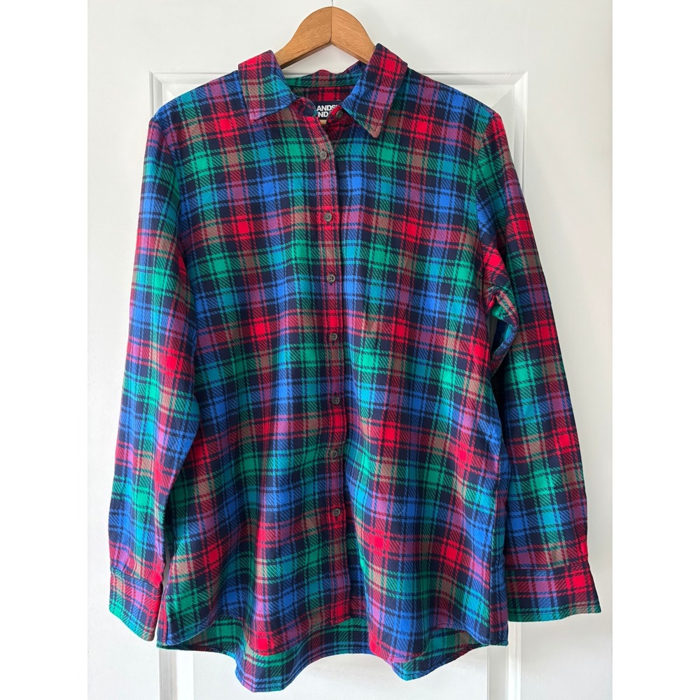 Lands End Flannel Shirt Womens XL 18 Red Green Blue Plaid Cotton Button Down